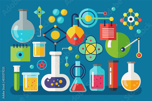a science lab with various laboratory equipment, Set of flat design chemistry element icons with symbols and atomic numbers