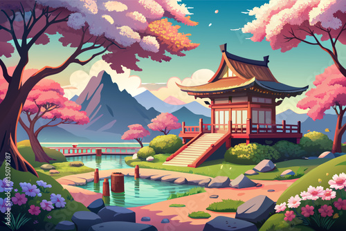 a painting of a japanese landscape with a pagoda, Serene Japanese garden with cherry blossom trees