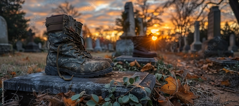 Memorial Day tribute with military boots and rifles placed next to ...