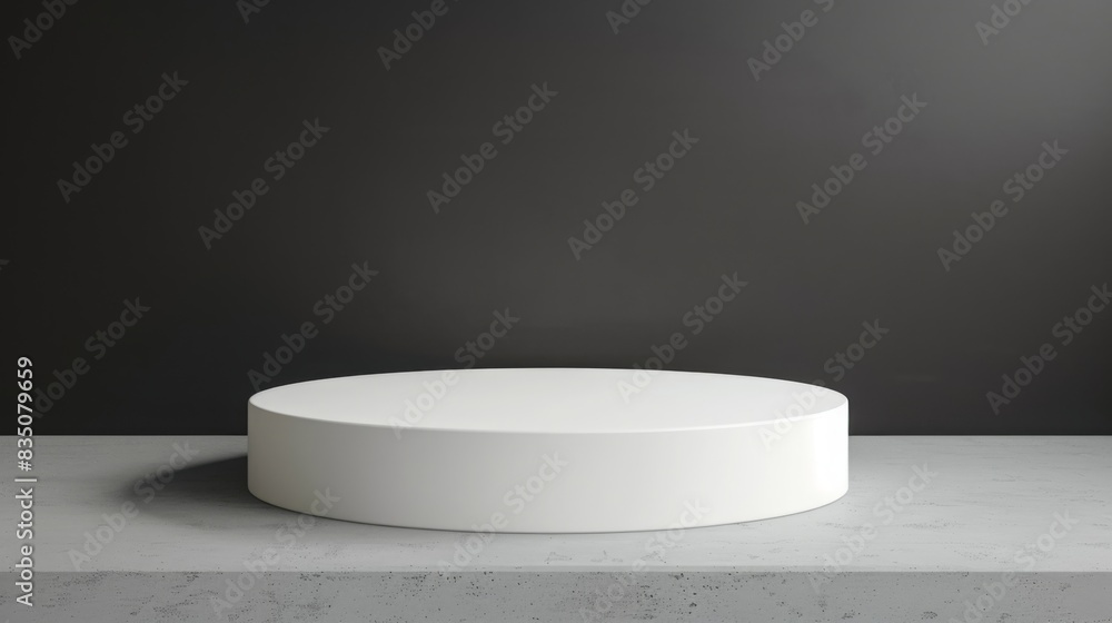 A smooth white circular pedestal sits on a grey surface, set against a dark background with modern studio lighting. A smooth white circular pedestal sits on a grey surface, set against a dark background with modern studio lighting.