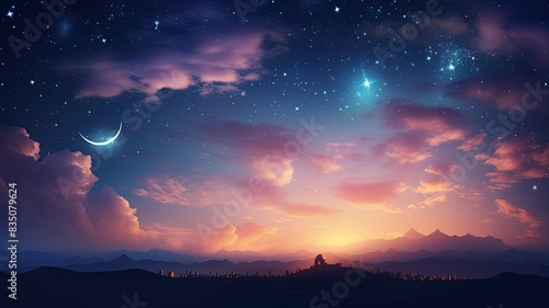 Ramadan dusk picture. Beautiful religious background with crescent, stars and glowing clouds, copy space, generative ai © ImronDesign