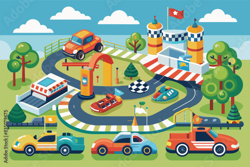 a cartoon style illustration of a race track, Race car playground with mini race tracks, pedal cars, and pit stop playhouses