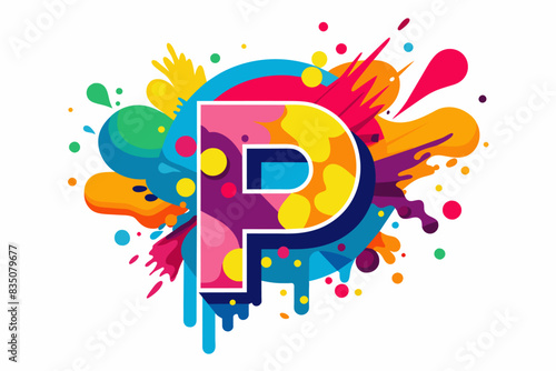a colorful letter p with paint splatters, pop art logo with the letter P made of colorful paint splatters
