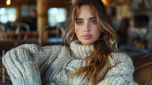 On a cozy sofa in a cozy room, an attractive girl sits in a knit sweater.