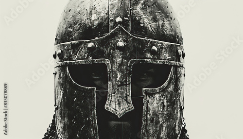 Ancient Saxon civilization warrior helmet, modern graphic design, isolated, copy and text space, close-up, macro, white background, black & white. Template, banner, background, wallpaper, backdrop photo