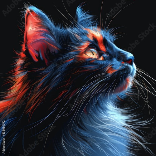 The image depicts a highly stylized and colorful cat. Its fur features vibrant shades of blue, orange, and pink, resembling cosmic gases