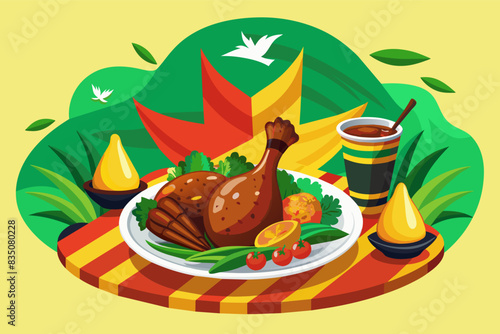 a plate of food with a drink and a leaf, Jamaican Independence Day jerk chicken