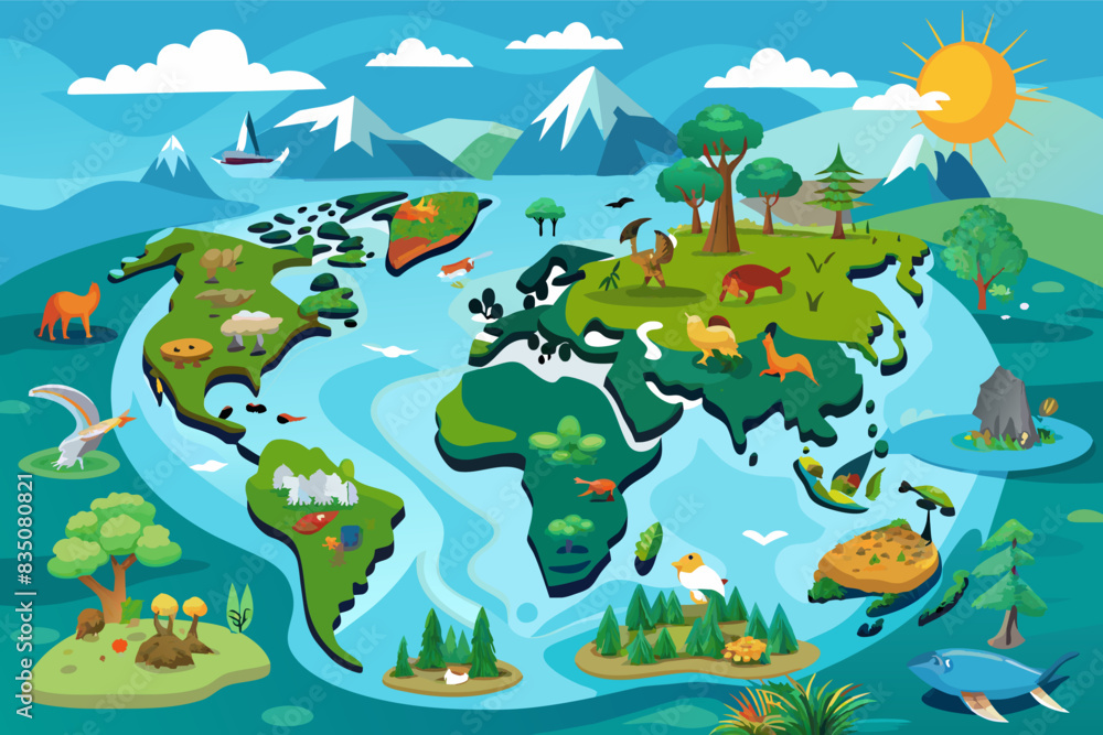 a cartoon world map with a river and trees, Interactive map highlighting the world's different ecosystems and their biodiversity a cartoon world map with a river and trees, Interactive map highlighting the world's different ecosystems and their biodiversity