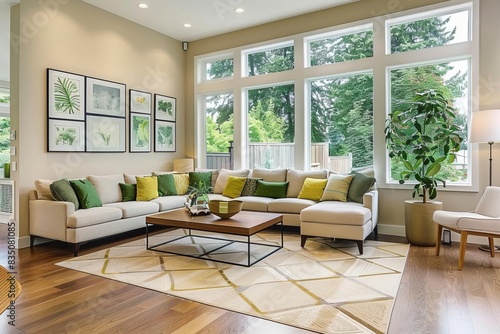 An elegant Scandinavian living room with polished wooden floors and large windows that let in plenty of natural light The room features a beige sectional sofa with green and yellow