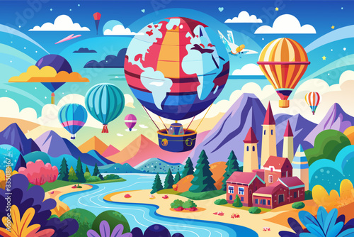 a cartoon style illustration of a hot air balloon flying over a mountain landscape, Exploring the unique bond between mothers and children