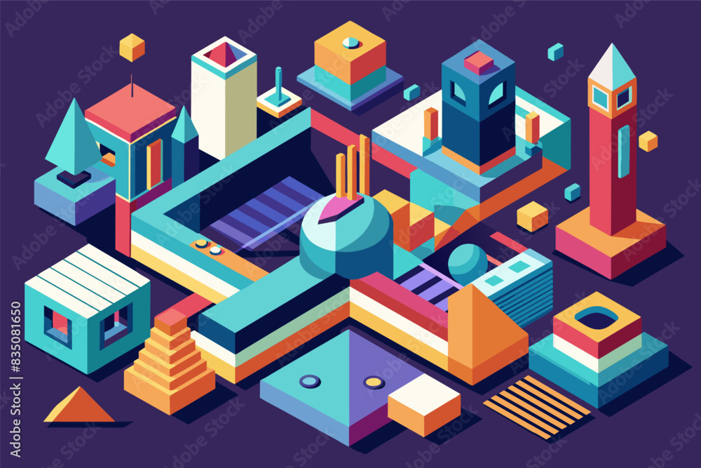 a colorful city with a lot of buildings, Experiment with dynamic angles in your isometric shapes a colorful city with a lot of buildings, Experiment with dynamic angles in your isometric shapes