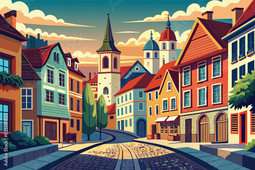 a street with a clock tower and a train track, European cityscape with cobblestone streets