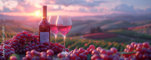 Banner of glasses fresh red wine with grapes, cheeses, bottle and barrel on a sunset background in Toscane. Italy vineyard and agritourism. Wine shop or wine tasting concept with copy space. AI photo