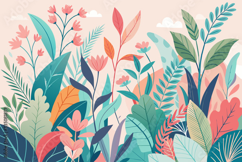 a colorful floral background with a blue border, Ethereal botanical paintings in soft pastel hues