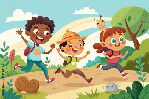 two children running in the park with a bird and a backpack, Envision kids holding impromptu races with snails, cheering on their slimy competitors as they inch their way across the damp ground
