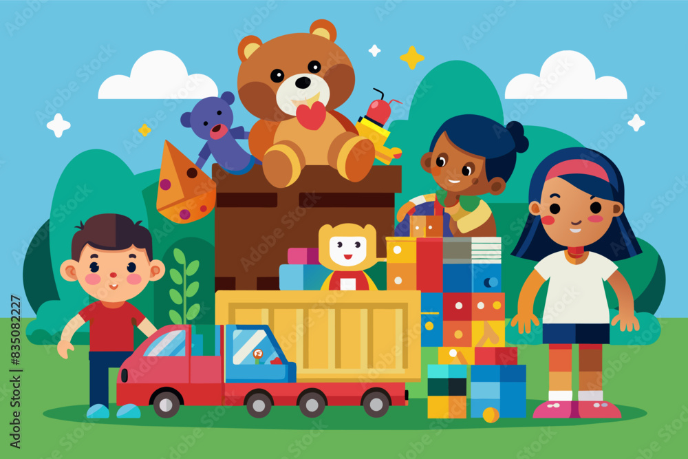 children playing with toys in a park, Donating toys to a children's shelter children playing with toys in a park, Donating toys to a children's shelter