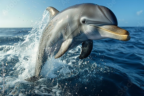 A dolphin leaping out of the water, its gray body and black eyes shining in the sunlight as it rises above the surface. the photo has a documentary style. photo