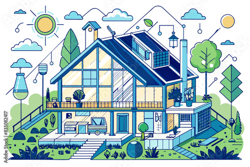 a house with a solar panel on the roof, Detailed vector blueprint of a sustainable house