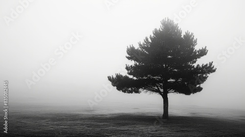 Black and white photography of an isolated pine tree in a foggy landscape  in the style of minimalism
