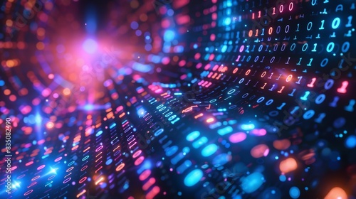 Abstract digital background featuring colorful binary code patterns and vibrant light effects  representing data and technology.