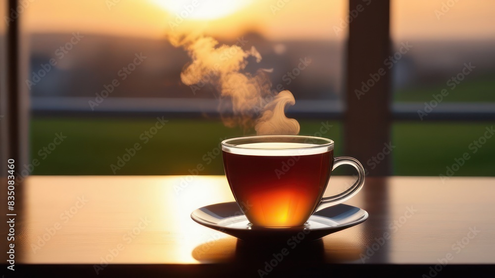 a cup of tea with steam on the background of a window with sunset a cup of tea with steam on the background of a window with sunset
