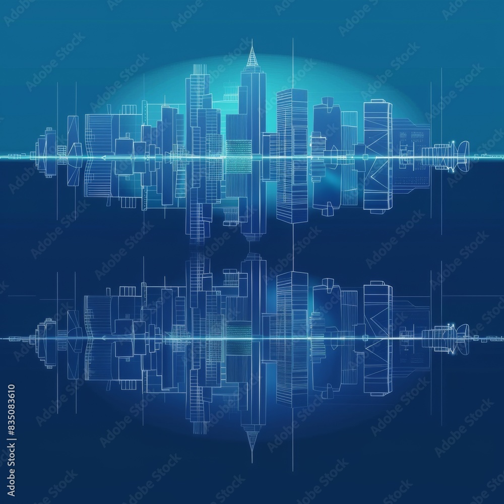 Naklejka premium Brightly Illustrated Future City Skyline with Vector Buildings, abstract graphic, banner design, brochure, pattern design, web, background template