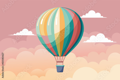 a colorful hot air balloon flying through the sky, A single, colorful hot air balloon floating serenely against a pastel sky