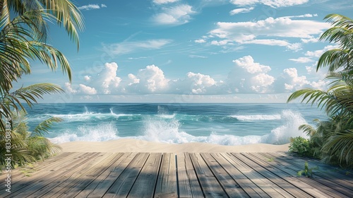 Beautiful tropical beach with wooden deck  palm trees  and crashing ocean waves under a clear blue sky with fluffy clouds.