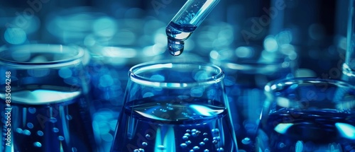Close-up of a pipette dropping a blue liquid into a laboratory flask. Scientific experiment, chemistry research, and laboratory equipment.
