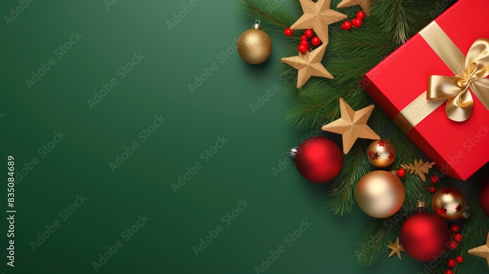 Christmas Day concept. Top view photo of big present box green red baubles gold star ornament pine cone mistletoe berries snow and fir branches on isolated green background, generative ai Christmas Day concept. Top view photo of big present box green red baubles gold star ornament pine cone mistletoe berries snow and fir branches on isolated green background, generative ai