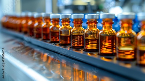 Close-up of multiple amber glass vials on a production line in a pharmaceutical factory, showcasing manufacturing and industrial detail.