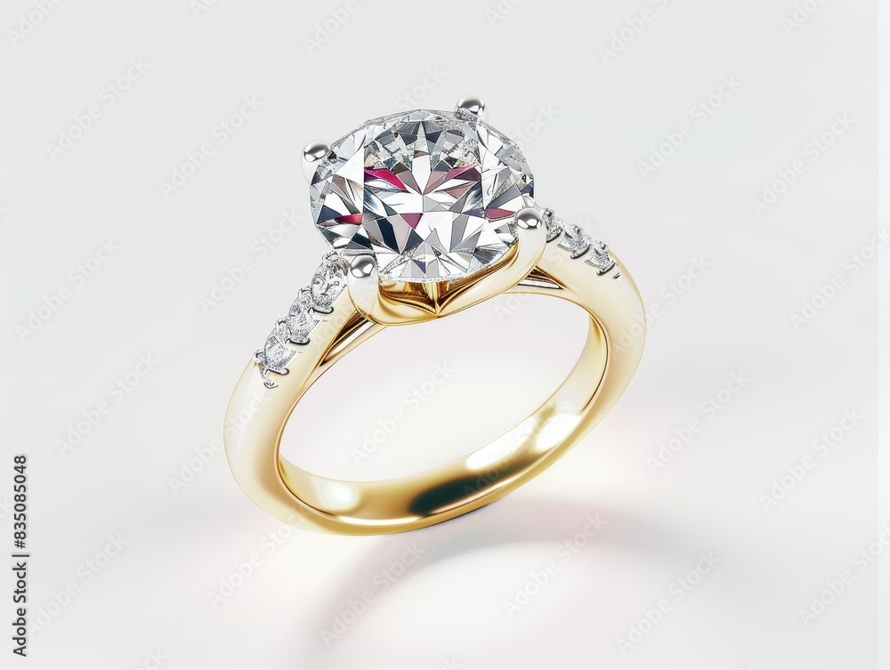 Elegant gold engagement ring with a large diamond and smaller diamonds on the band. Elegant gold engagement ring with a large diamond and smaller diamonds on the band.