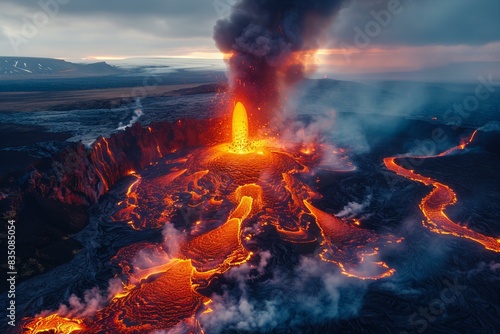 Depicting a drone shot of an erupting volcano in iceland, with lava flowing down the side of it