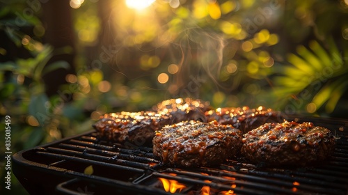 Sizzling burgers on a grill with focus on the texture and smoke, captured during a warm, backlit sunset hour