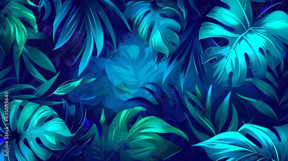 Vibrant tropical leaves pattern in shades of blue and green creating an exotic, lush, and dense jungle feel. Ideal for backgrounds and designs. Vibrant tropical leaves pattern in shades of blue and green creating an exotic, lush, and dense jungle feel. Ideal for backgrounds and designs.