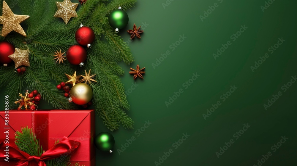 Fototapeta premium Christmas Day concept. Top view photo of big present box green red baubles gold star ornament pine cone mistletoe berries snow and fir branches on isolated green background, generative ai