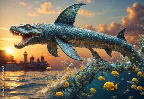 A bio-engineered sea serpent with razor-sharp fins patrols the borders of an underwater kingdom, amidst a school of shimmering fish, with a cityscape and a lighthouse in the background. photo