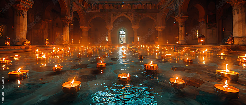 panoramic shot of a mosque courtyard filled with oil lamps during EidalAdha captured with a wideangle lens to emphasize the warm inviting atmosphere using advanced color grading for realism panoramic shot of a mosque courtyard filled with oil lamps during EidalAdha captured with a wideangle lens to emphasize the warm inviting atmosphere using advanced color grading for realism