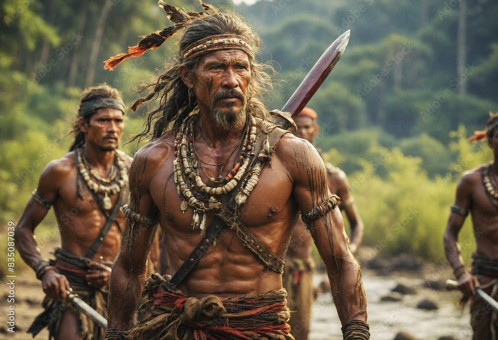 Ancient warrior in tribal attire, armed with a sword and a spear, faces treacherous challenges in a treacherous world. Ancient warrior in tribal attire, armed with a sword and a spear, faces treacherous challenges in a treacherous world.