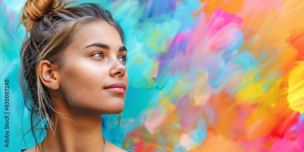 Young woman standing in front of vibrant, colorful abstract background. Artistic and creative expression concept. Young woman standing in front of vibrant, colorful abstract background. Artistic and creative expression concept.