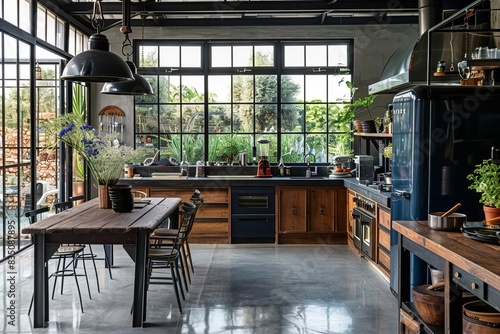 Modern industrial kitchen with large windows, wooden furniture, and green plants. A spacious and stylish interior design.