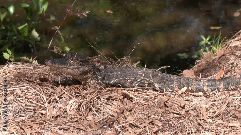 Small Alligator resting near Pond in Florida Wetland. Small Alligator resting near Pond in Florida Wetland.