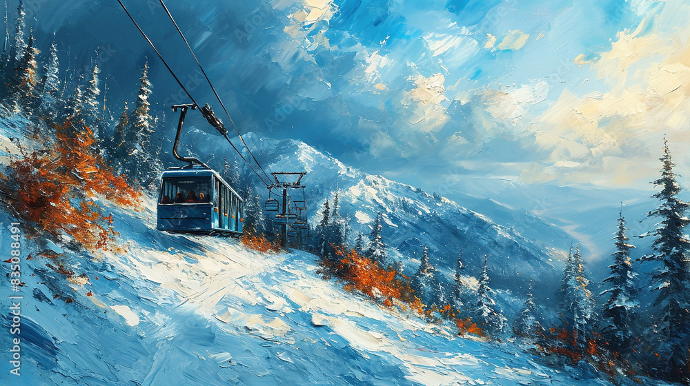 A Beautiful View Of Cable Car In Snow Mountains Brush Stroke Rough Painting on Canvas Landscape Background A Beautiful View Of Cable Car In Snow Mountains Brush Stroke Rough Painting on Canvas Landscape Background