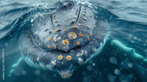 Close-up of a humpback whale's head covered in barnacles and textured skin in ocean water photo