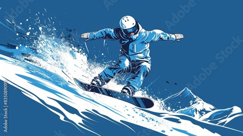 Illustration of a snowboarder performing a jump on a snowy mountain slope, emphasizing action, winter sport, and dynamic movement.