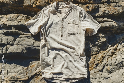 An empty clothing mockup of a casual Henley shirt, laid flat on a rugged, outdoorthemed backdrop photo