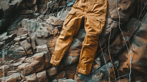 An empty clothing mockup of a pair of cargo pants, laid flat on a rugged, outdoorthemed backdrop