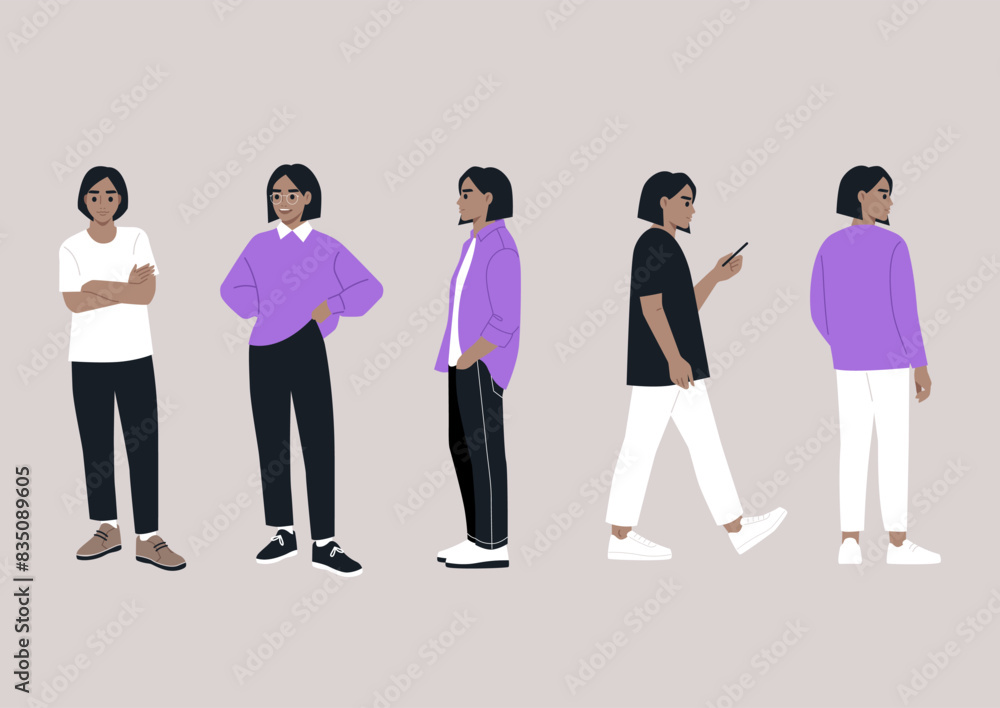 A digital illustration featuring five figures in various relaxed poses, showcasing a range of casual attire and contemporary fashion styles A digital illustration featuring five figures in various relaxed poses, showcasing a range of casual attire and contemporary fashion styles