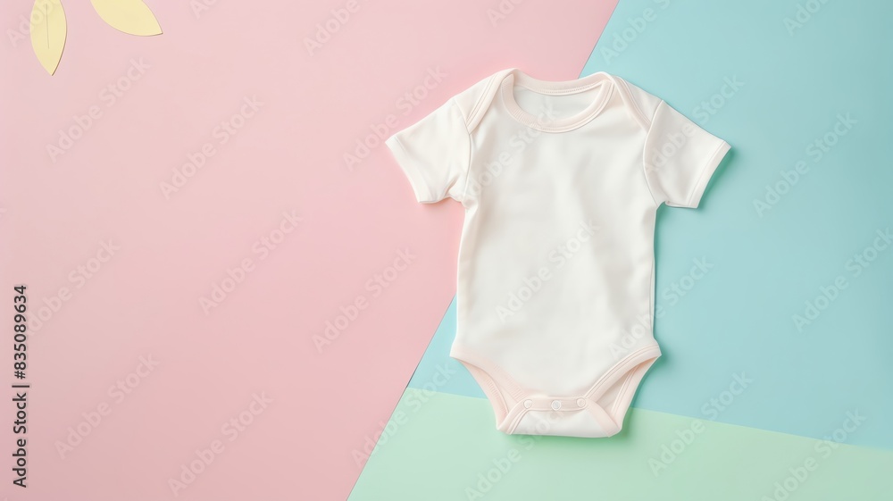 An empty clothing mockup of a baby onesie, isolated on a pastel nurserythemed background An empty clothing mockup of a baby onesie, isolated on a pastel nurserythemed background