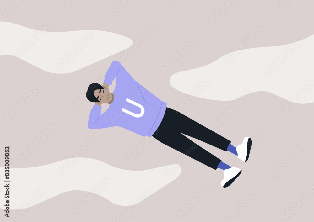 A person lies peacefully on their back, surrounded by dreamy, white clouds, seemingly floating in the air A person lies peacefully on their back, surrounded by dreamy, white clouds, seemingly floating in the air